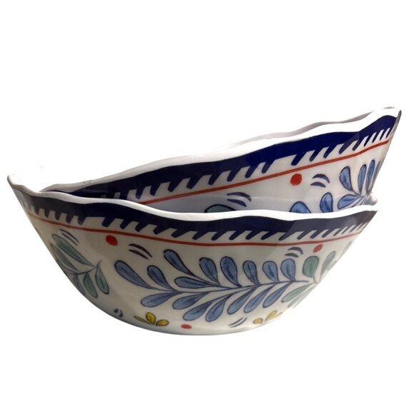 Set of 2 Mela-Ware Floral Design Melamine Salad Cereal Bowls 6.5" Scalloped Edge - Picture 1 of 8